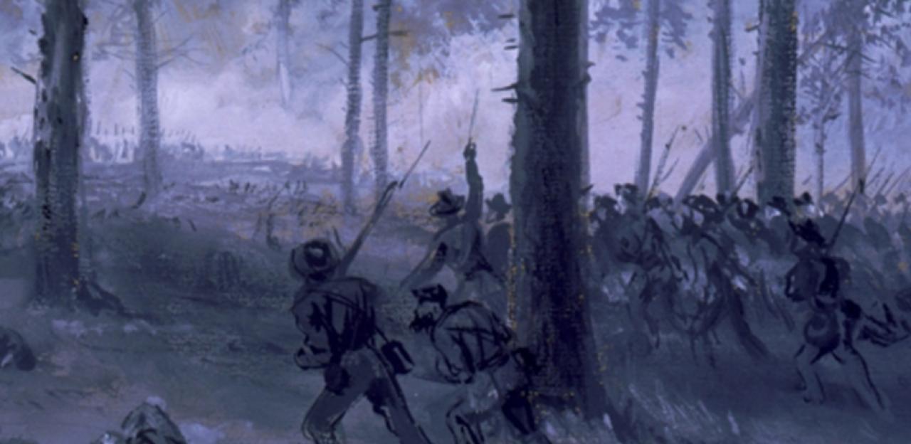 This image depicts Confederate troops advancing through the woods.