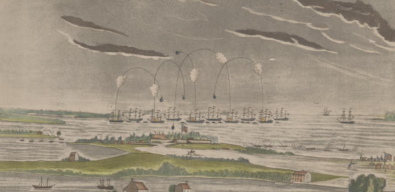This painting details the clouds and gunfire over Fort McHenry.