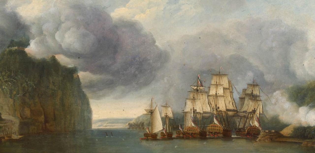 Illustration of a ship surrounded by smoke at Fort Washington