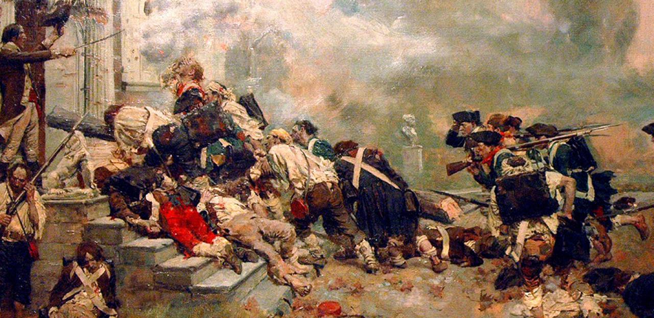 Painting of troops piling on top of one another at the Battle of Germantown