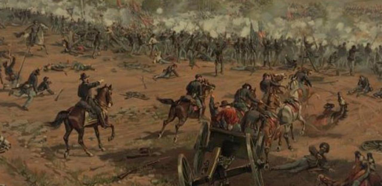 A painted illustration of the intense fighting at the battle of Gettysburg