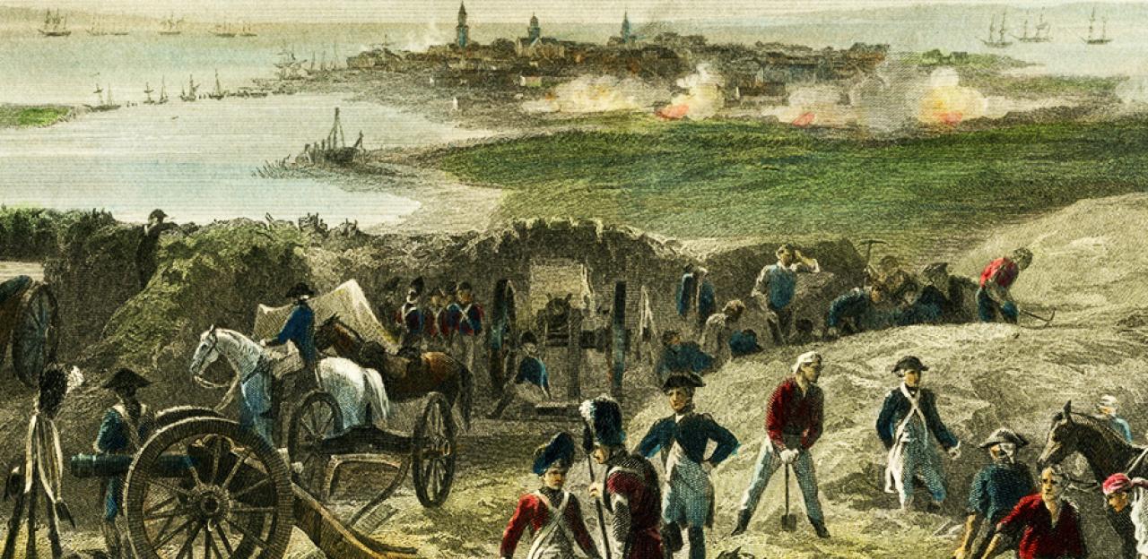 This painting portrays the conflict and gunfire at the Siege of Charleston. 