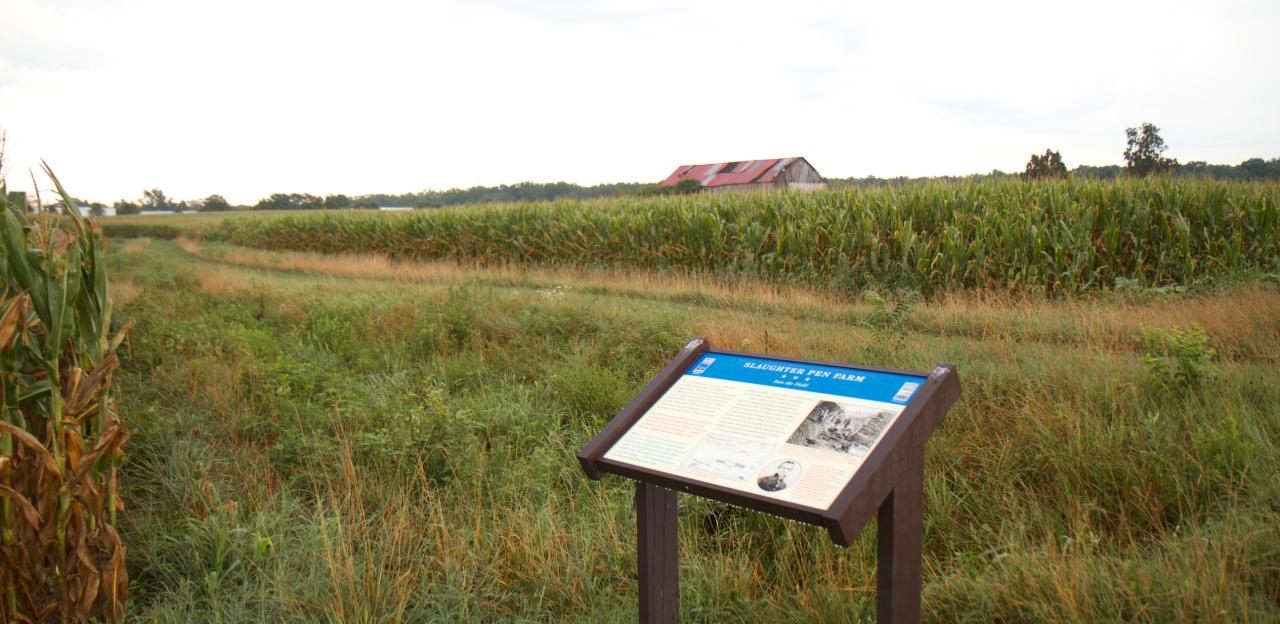 This image depicts an interpretative sign at the Slaughter Pen Farmhouse on the Fredericksburg battlefield.