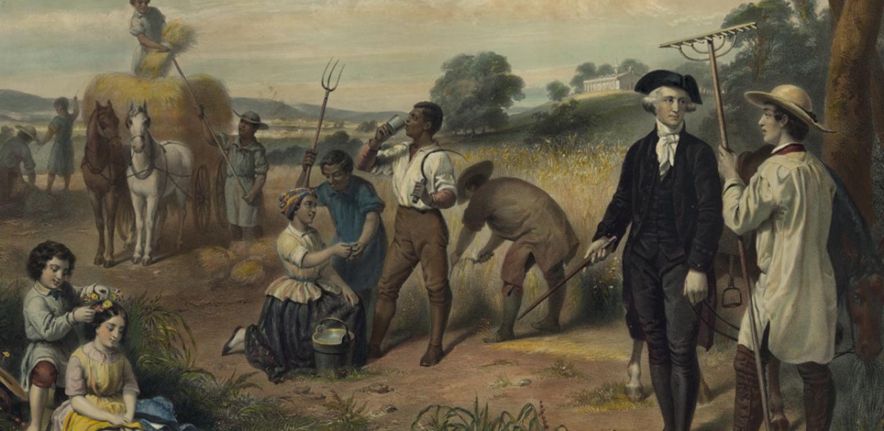 "Life of George Washington - The Farmer" by Junius Stearns shows Washington standing among African-American field workers harvesting grain; Mount Vernon in the background.