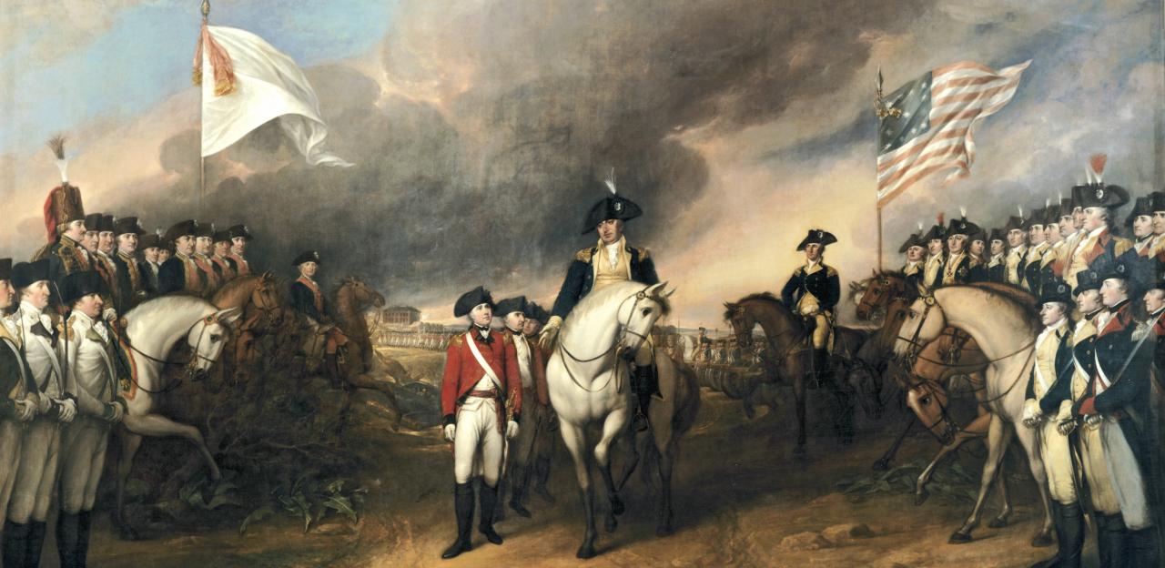 An oil painting depicting the the surrender of British Lieutenant General Charles, Earl Cornwallis at Yorktown, Va. on October 19, 1781.