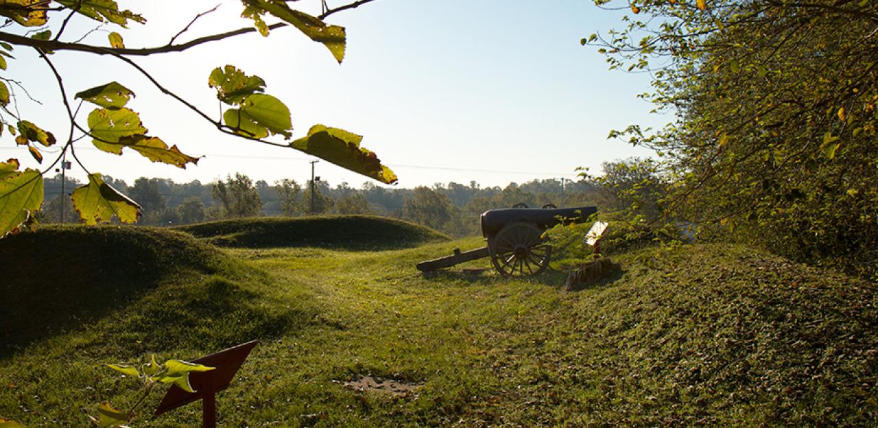 This isa photograph of a cannon sitting on the green hills of Vicksburg. 