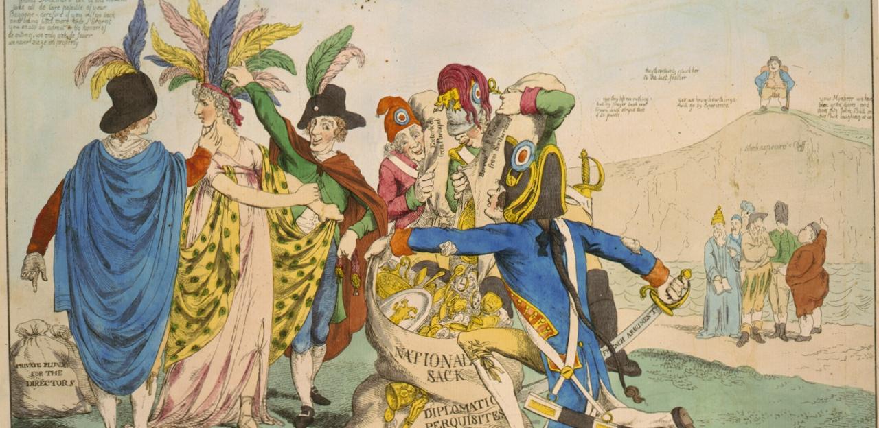 Political cartoon of allegorical Columbia and French revolutionaries