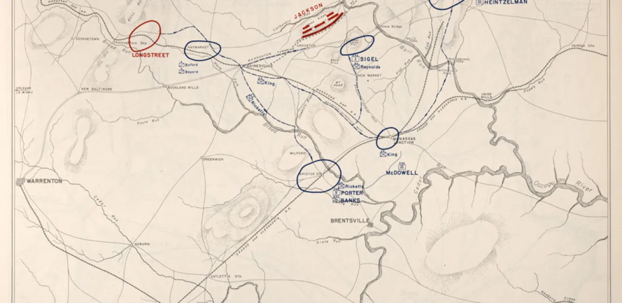 Military campaign map depicting troop movements and battlefield positions during the Second Battle of Bull Run campaign in northern Virginia.