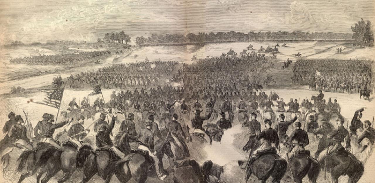 Illustration of Union cavalry attack at St. James Church on the Brandy Station Battlefield