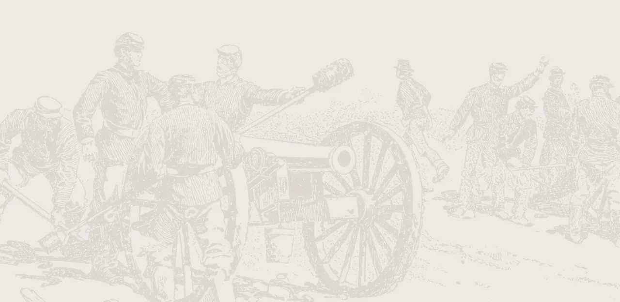 This is a sketch of a band of soldiers standing next to a cannon. 