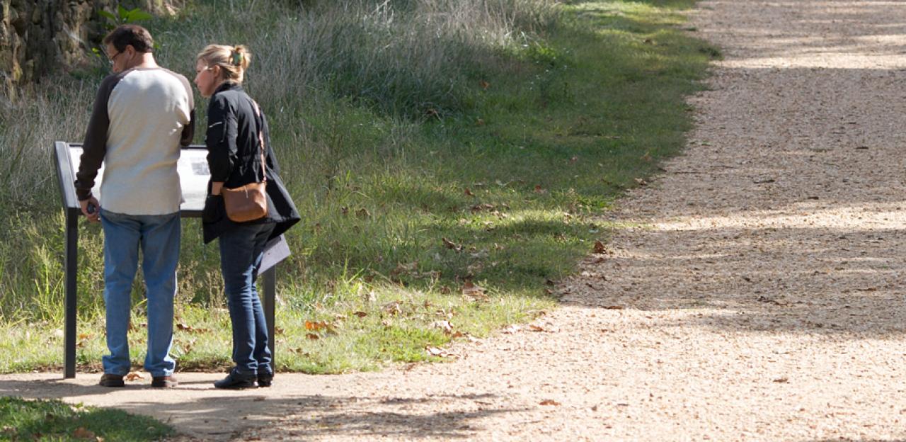 This photo depicts two people learning about Fredericksburg while walking on the grounds of this battlefield. 