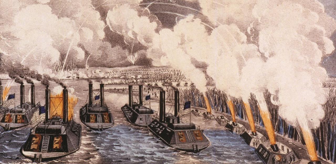 This painting depicts gunboats traveling down the Mississippi releasing steam into the air. 