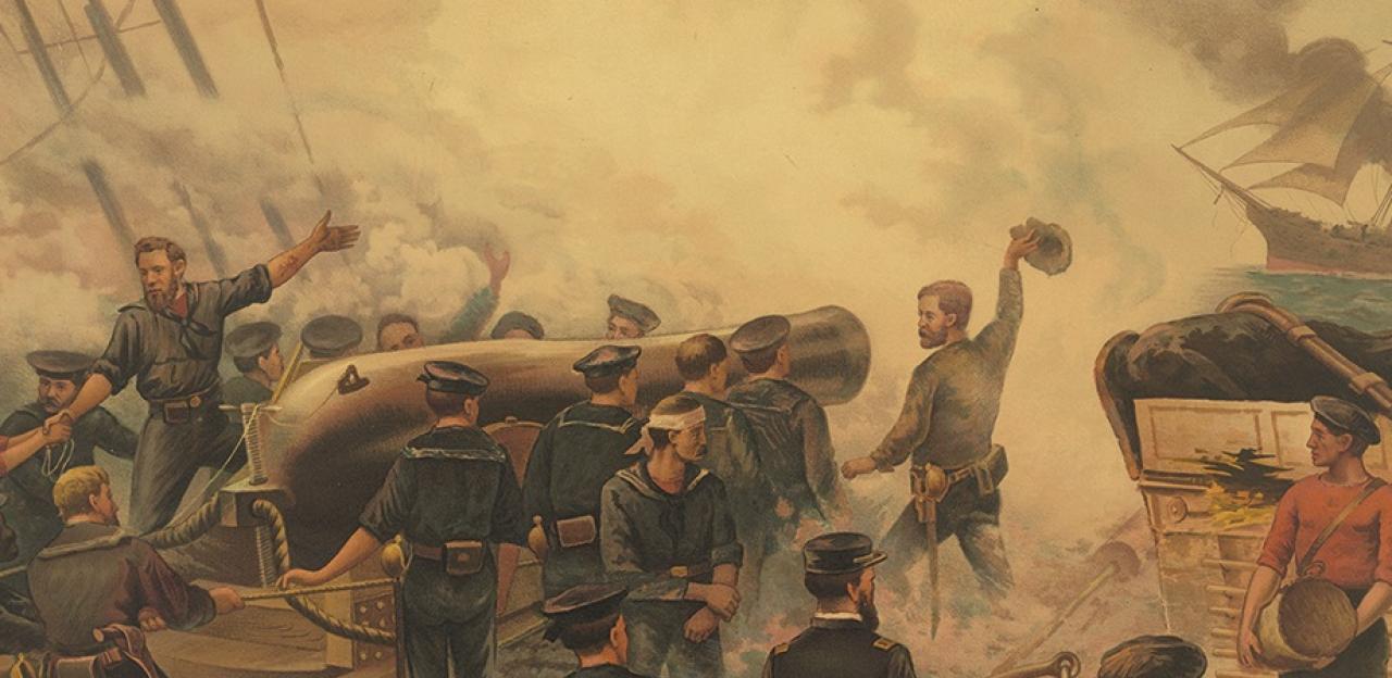 This is a painting depicting the conflict of the USS Kearsarge vs. CSS Alabama.