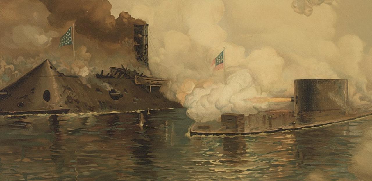 this painting depicts the hours-long engagement between the USS Monitor and the CSS Virginia at the battle of Hampton Roads.
