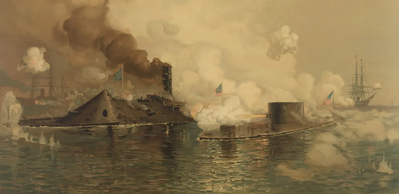 Two ironclad warships, the USS Monitor and CSS Virginia (formerly USS Merrimack), exchange cannon fire during the Battle of Hampton Roads as smoke and exploding shells fill the sky above the water.