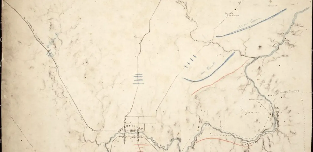 Topographical map of the Perryville battlefield showing terrain features and annotated Union and Confederate troop positions near Chaplin Hills, Kentucky.