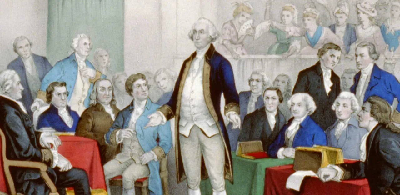 George Washington stands before members of the Continental Congress as he is appointed Commander in Chief of the Continental Army, while spectators, including women waving handkerchiefs, observe the historic ceremony.