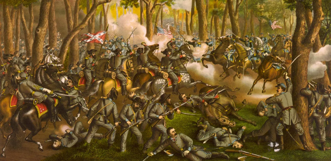 Color lithograph by Kurz & Allison depicting Union and Confederate soldiers fighting amid the dense woods during the Battle of the Wilderness on May 6, 1864.