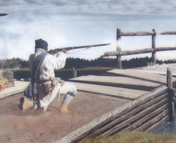 Patriot William (Billy) Flora slows the enemy's advance. Painting by Jeremy Horne. William Flora