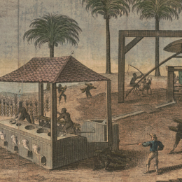 Print shows sugarcane processing, probably in the West Indies, with an overseer directing others at a press and boiling operation.