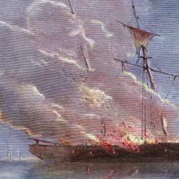 An illustration of the burning of the revenue cutter Gaspee in Narragansett Bay