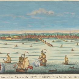 Hand-coloured engraving of the South-East View of Boston
