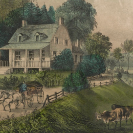 Print of a log cabin with grazing animals in the foreground. 