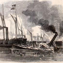 An engraving from Harper's Weekly titled 'The Destruction of Commodore Lynch's Fleet by Union Gunboats,' 1862