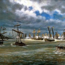 Painting of American and British vessels exchanging fire during the Battle of Valcour Island on Lake Champlain, October 11, 1776.