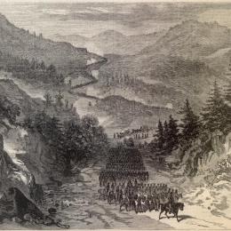 Picture shows Gen. Ambrose E. Burnside's army marching out of Cumberland Gap