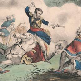 Hand-colored lithograph depicting Col. Richard M. Johnson on horseback firing a pistol at Shawnee leader Tecumseh during the Battle of the Thames in the War of 1812.