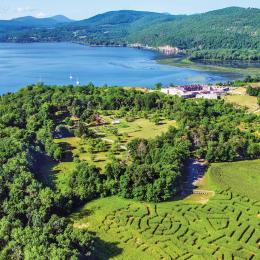 An aerial view of Fort Ticonderoga and Lake Champlain