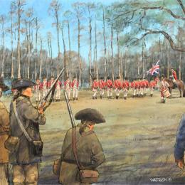 An illustration of Patriot and British forces at Halfway Swamp