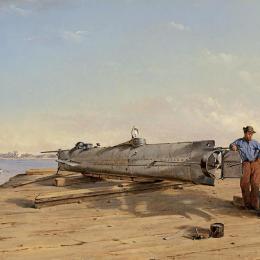 A metal submarine is shown on a dock with two men in this color illustration.