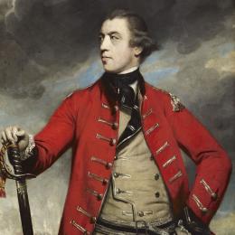 Portrait of British General John Burgoyne wearing an eighteenth-century military uniform and posed against a dark background.