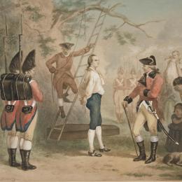 A watercolor image depicting Nathan Hale standing under a tree while a British officer, on a ladder above him, prepares to hang him. 