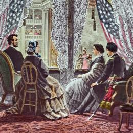Restored colored slide image showing an illustration of Lincoln being shot
