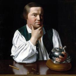 Painting of a man holding a metal teapot. 