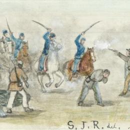 Watercolor painting by Samuel J. Reader depicting the Battle of Mine Creek, an 1864 Civil War cavalry engagement in Kansas.