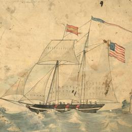 drawing of a small ship at sea with an American flag 