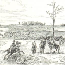 Lithograph of a man on horseback in the foreground and soldiers in the background.