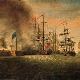 Sir Peter Parker's Attack Against Fort Moultrie, Reproduction of painting by James Peale