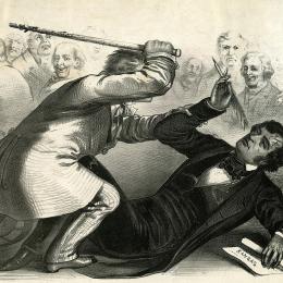 Political caricature of the caning of Charles Sumner, which occurred on May 22, 1856, depicting Sumner on the floor as Preston Brooks lunges at him in retaliation for a speech given by Sumner criticizing slaveholders. 