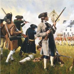 Young colonial militiamen exchange fire against British redcoats at sunrise in this painting.