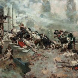 American soldiers assault the fortified Chew House during the Battle of Germantown, depicted in an oil painting by Howard Pyle.
