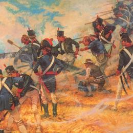 Painting depicting U.S. Marines manning artillery against advancing British forces at the Battle of Bladensburg, Maryland, on August 24, 1814.