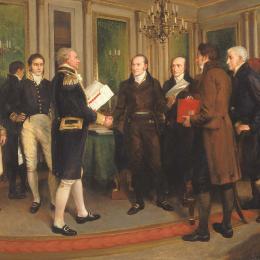 Delegates from the United States and Great Britain gather around a table to sign the Treaty of Ghent, ending the War of 1812, in a formal interior on Christmas Eve 1814.