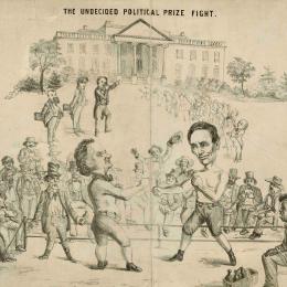 Lincoln and Stephen Douglas engage in a boxing match before the Whitehouse and onlookers.