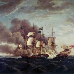 Painting of a large ship that is on the water. There is lots of smoke billowing from the ship.