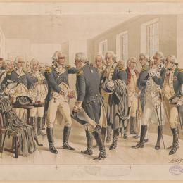 Print shows George Washington shaking hands with an officer, among other officers of the Continental Army, as he bids them farewell in 1783, at the end of the American Revolution.